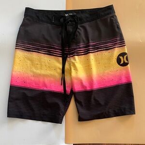 Hurley Black Boardshorts with Yellow and Pink Gradient Stripe